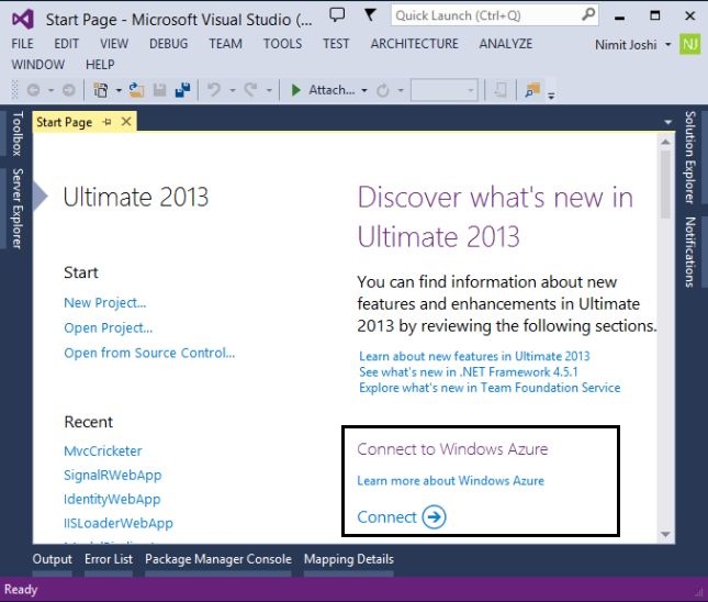 Visual Studio 2013 Start Page